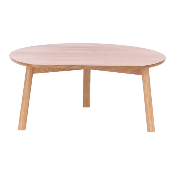 Round wooden coffee table with a light oak finish and smooth, natural wood grain pattern. Perfect for modern decor.