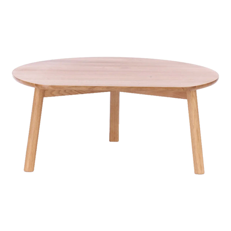 Round wooden coffee table with a light oak finish and smooth, natural wood grain pattern. Perfect for modern decor.