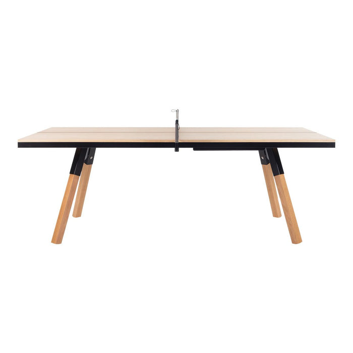 Modern dining table with a natural wood top, black edges, and light brown wooden legs for a sleek, contemporary look.