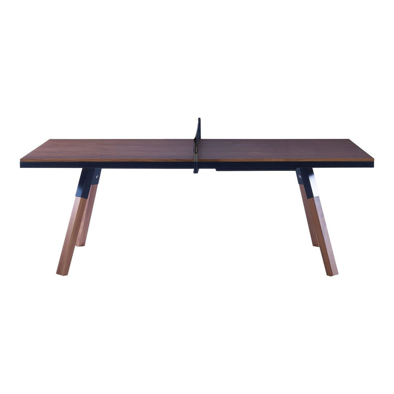 Modern wooden table with rich brown surface, sleek black edges, and contrasting light wood legs. Ideal for stylish interiors.
