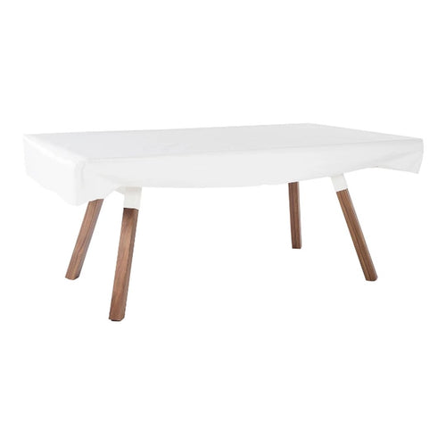 White table with smooth surface and natural wood legs, perfect for a modern aesthetic.