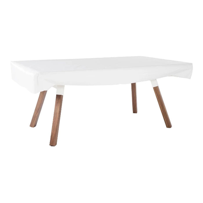 White table with smooth surface and natural wood legs, perfect for a modern aesthetic.
