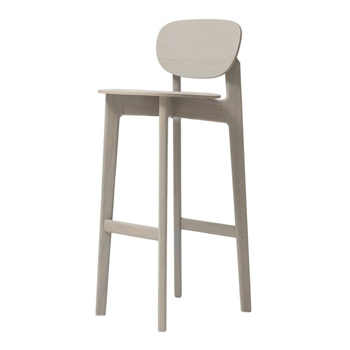 Light gray wooden bar stool with a minimalist design and smooth surface, featuring a simple rounded backrest.