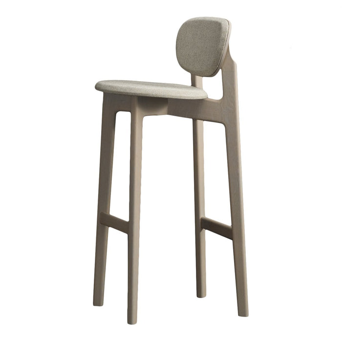 Light gray wooden bar stool with a minimalist design and soft fabric seat, perfect for modern interiors.