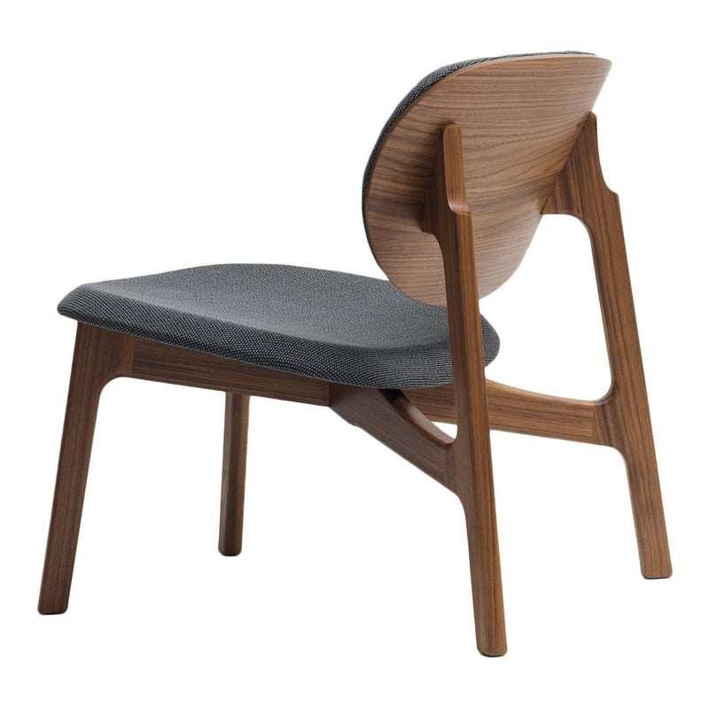 Modern chair with a sleek walnut wood finish and a dark gray upholstered seat. Minimalist design with smooth curves.