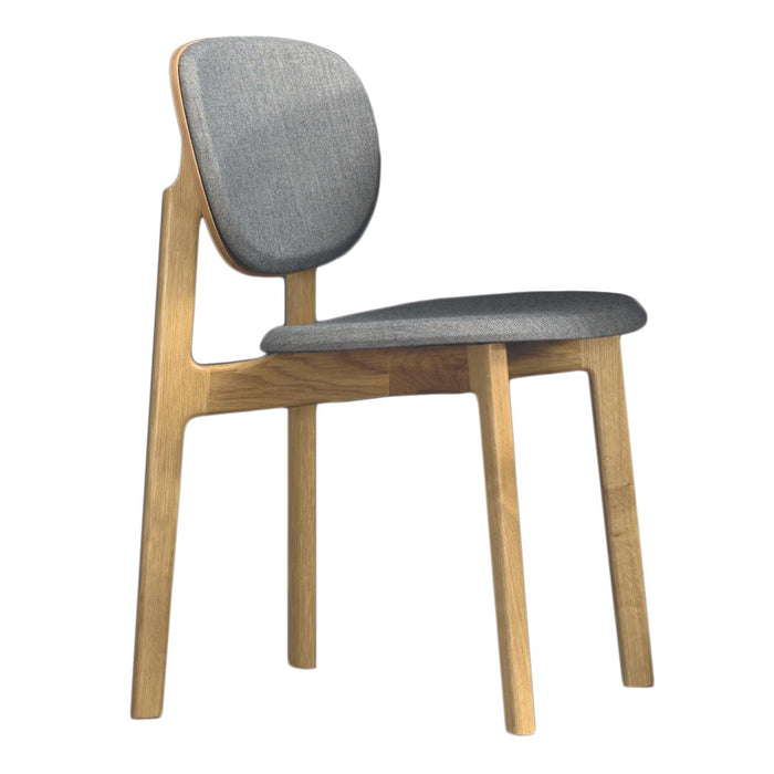 Gray upholstered chair with a minimalist design and natural wood legs. Simple, modern aesthetic perfect for any decor.