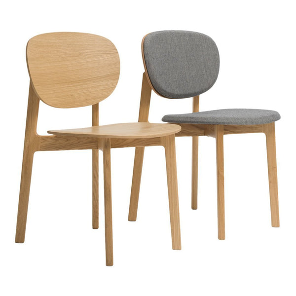 Light oak wood chairs with smooth, natural finish; one features a gray fabric cushion for added comfort.