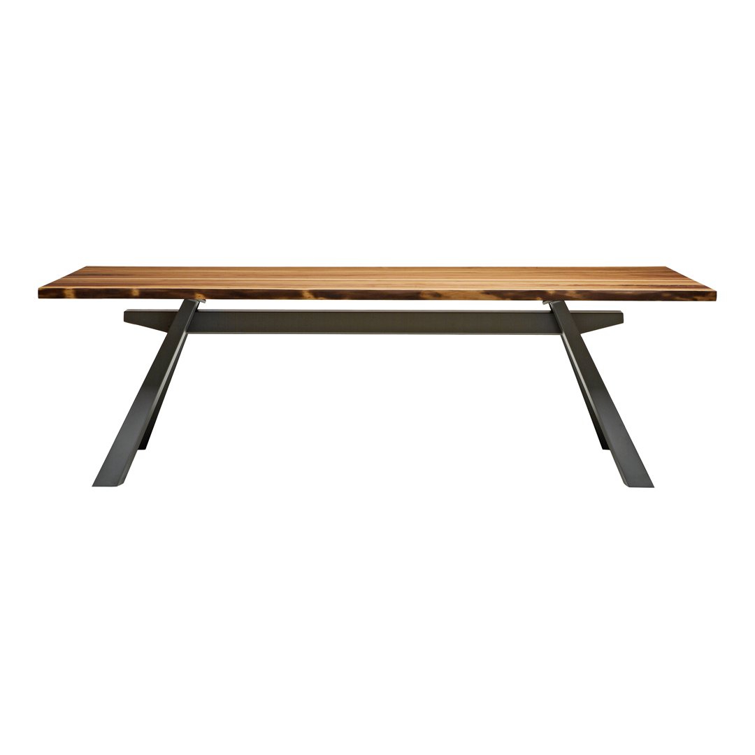 Natural wood grain with warm tones and sleek black metal legs create a modern, stylish dining table design.