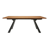 Wooden table with a warm brown finish and sleek black metal legs. Simple, modern design with a minimalistic pattern.