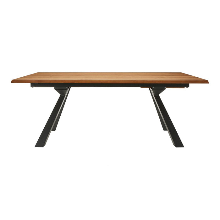 Wooden table with a warm brown finish and sleek black metal legs. Simple, modern design with a minimalistic pattern.