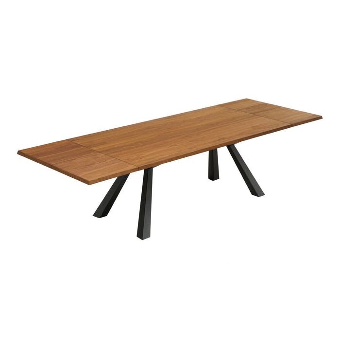 Wooden dining table with a rich brown finish and sleek black metal legs, featuring a smooth, minimalist design.