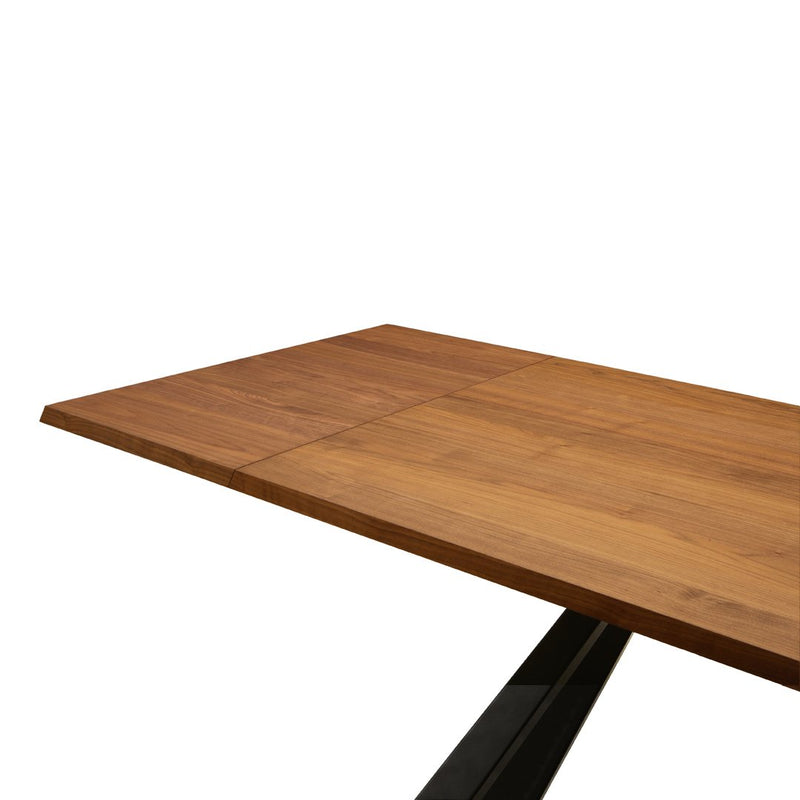 Bamboo tabletop in warm brown tones, featuring a sleek, smooth surface and a modern black metal base.