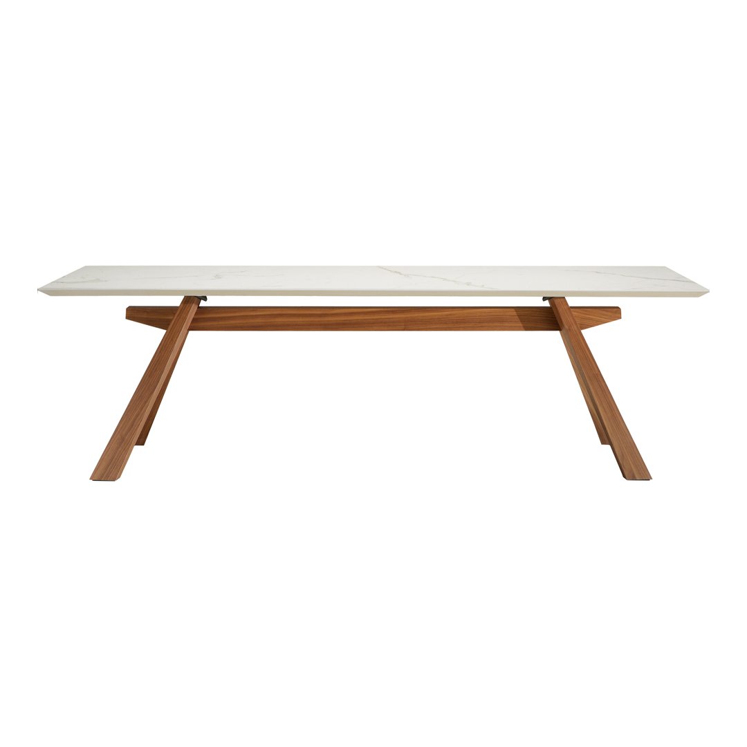 White tabletop with a sleek finish supported by a warm, natural wood base in a minimalist design.