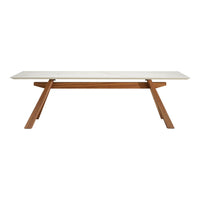 White tabletop with a sleek finish supported by a warm, natural wood base in a minimalist design.