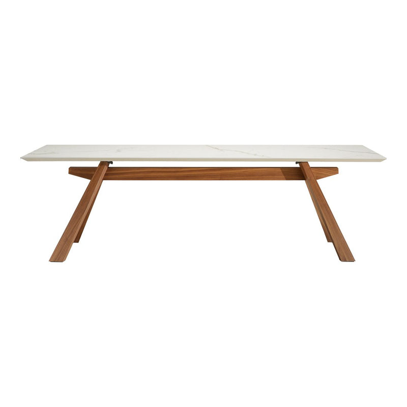 White tabletop with a sleek finish supported by a warm, natural wood base in a minimalist design.