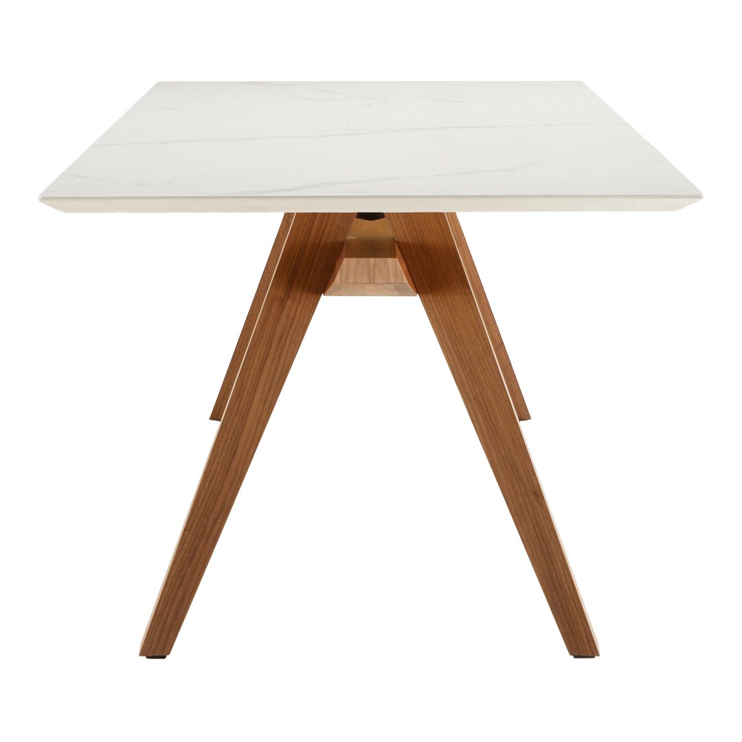 White marble top tabletop with natural wood legs, featuring a modern, minimalist design and sleek geometric lines.