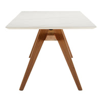 White marble top tabletop with natural wood legs, featuring a modern, minimalist design and sleek geometric lines.