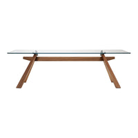 "Modern glass dining table with a sleek, transparent surface and minimalistic wooden legs featuring a warm, natural finish."