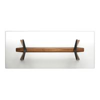 Wooden bench with a natural brown finish and sleek black metal accents against a white backdrop.