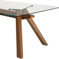 Modern glass-top table with natural wood legs in warm brown tones, showcasing sleek lines and contemporary design.