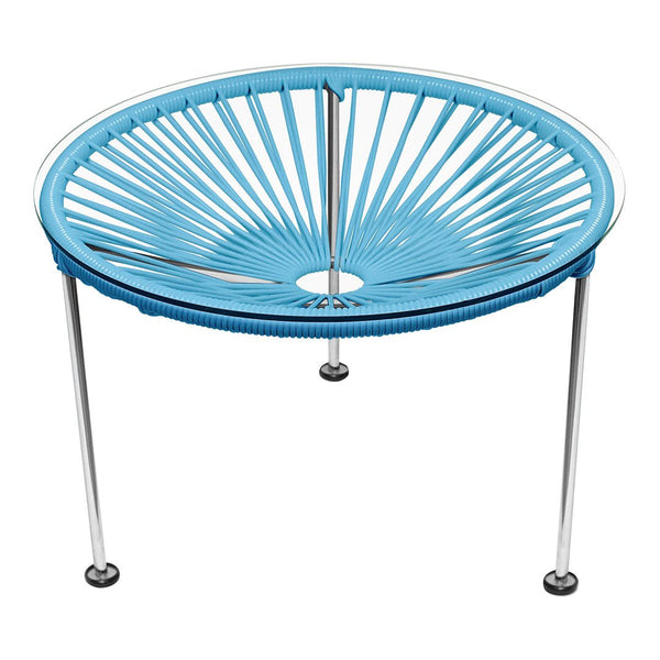 Round blue table with a sunburst pattern and chrome legs, perfect for modern decor. Suitable for indoor or outdoor use.
