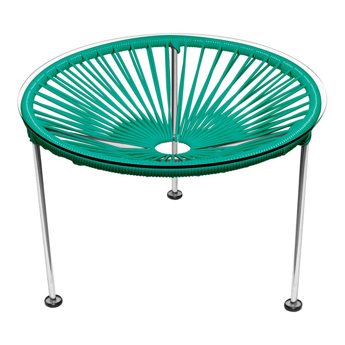 Round green chair with a striking sunburst pattern and sleek chrome legs, perfect for modern decor.