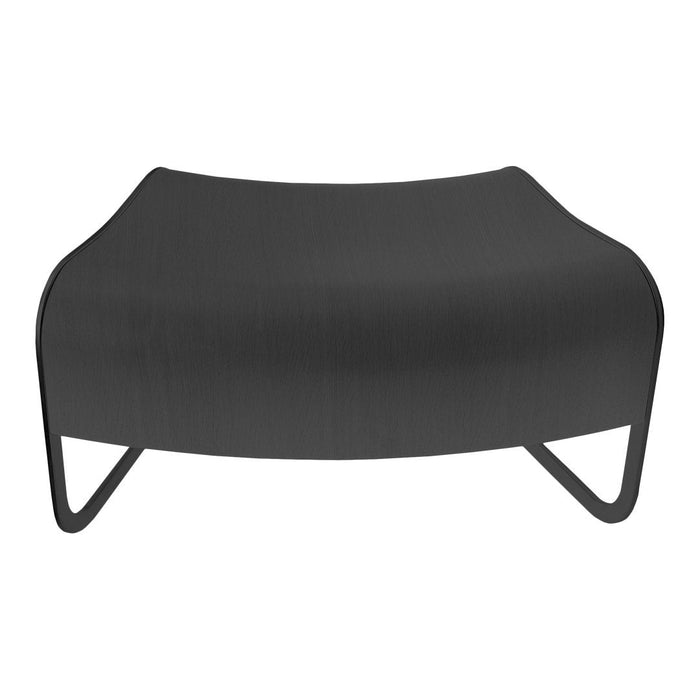 Modern black ottoman with a smooth, curved silhouette and minimalistic design. Ideal for contemporary decor.