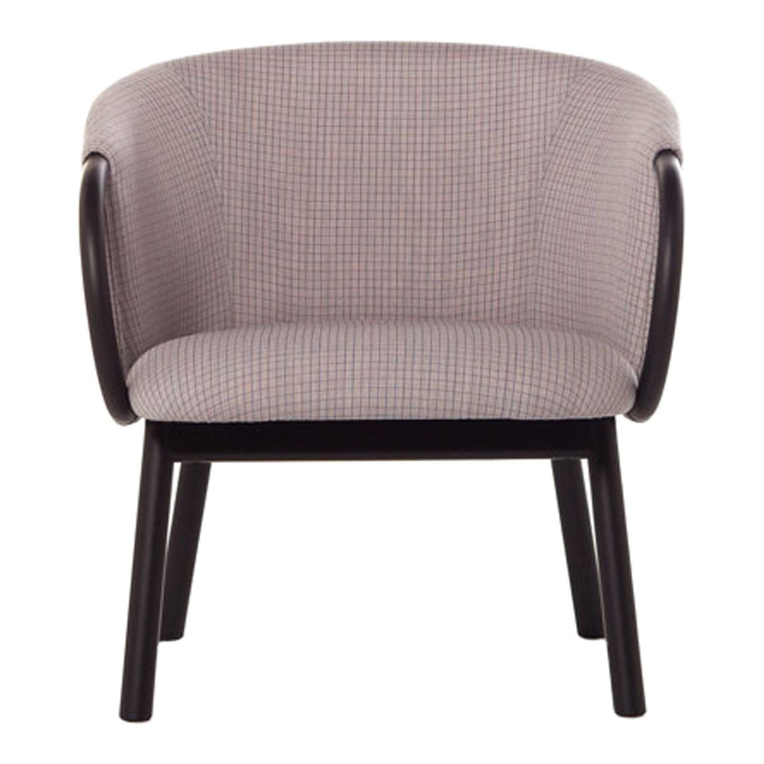 Beige and gray checkered fabric armchair with dark wooden legs, featuring a modern, minimalist design.