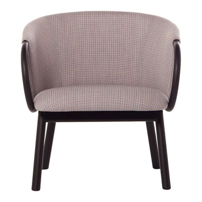 Beige and gray checkered fabric armchair with dark wooden legs, featuring a modern, minimalist design.