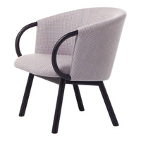 Light grey checkered chair with curved black arms and legs, featuring a modern, minimalist design. Perfect for any decor.