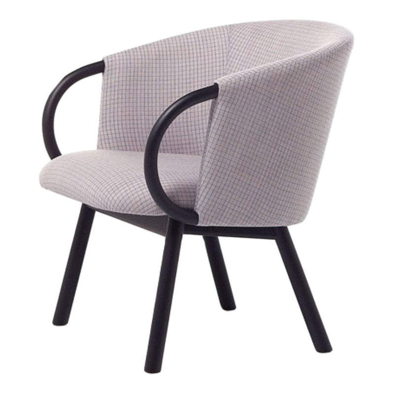 Light grey checkered chair with curved black arms and legs, featuring a modern, minimalist design. Perfect for any decor.