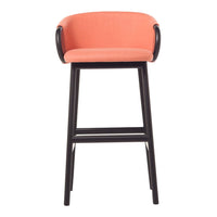 Coral upholstered bar stool with sleek black frame and curved armrests, perfect for modern spaces.
