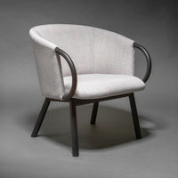 Textured light gray fabric with a minimalist design, complemented by dark wood legs in this stylish armchair.