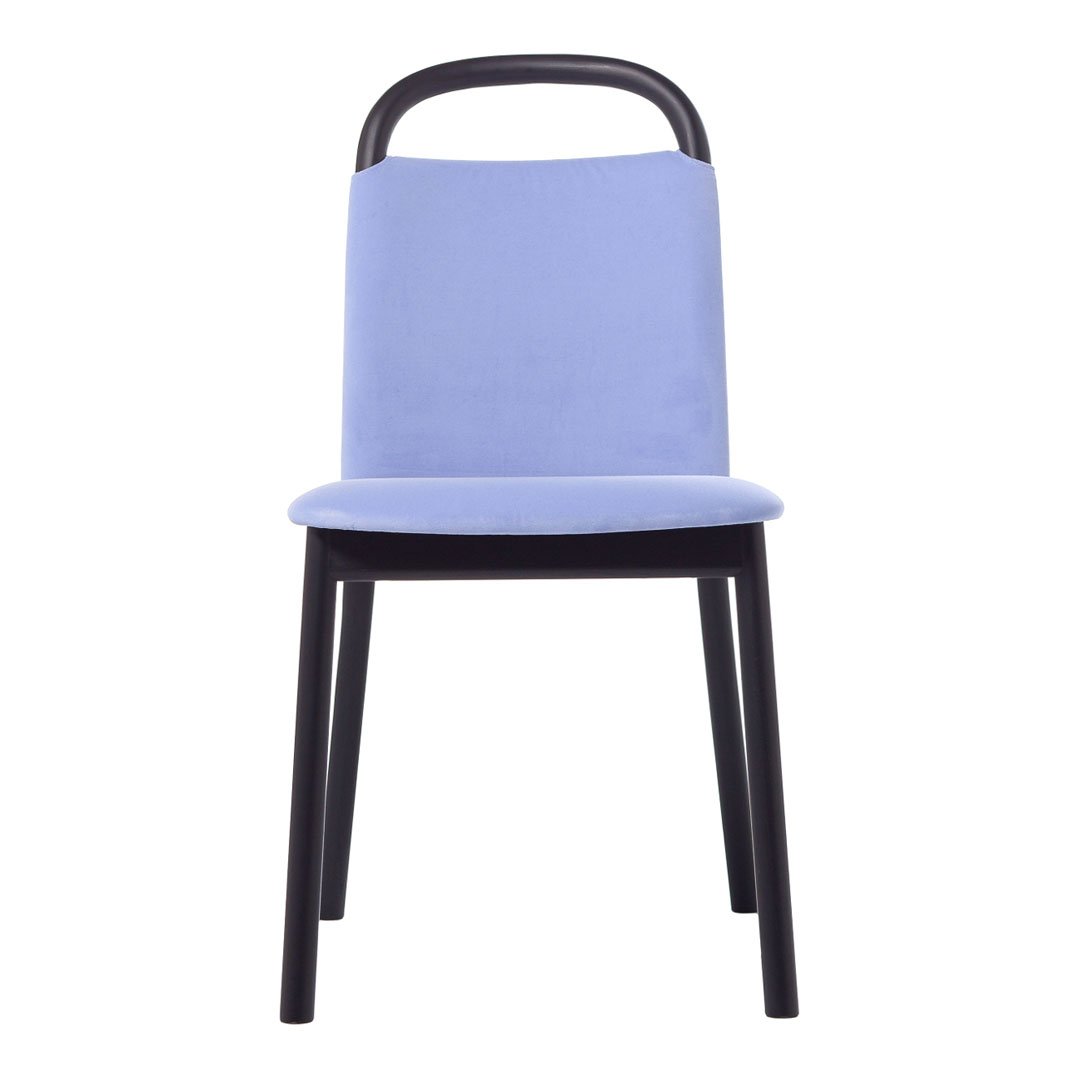 "Light blue upholstered chair with a sleek black metal frame, minimalistic design perfect for modern decor."