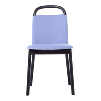 "Light blue upholstered chair with a sleek black metal frame, minimalistic design perfect for modern decor."