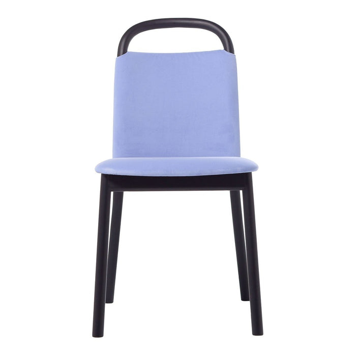 "Light blue upholstered chair with a sleek black metal frame, minimalistic design perfect for modern decor."
