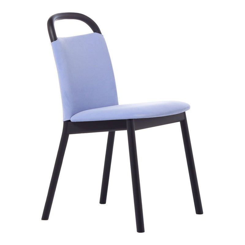 Light blue chair with a sleek black frame and simple, modern design. Perfect for contemporary spaces.