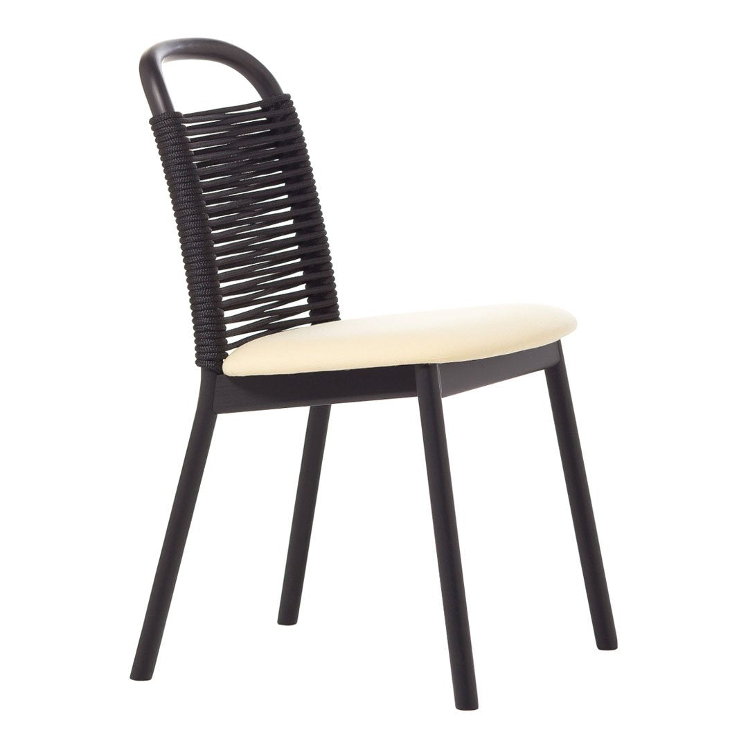Black woven chair with a cream upholstered seat, featuring a modern design and sleek lines. Ideal for contemporary decor.