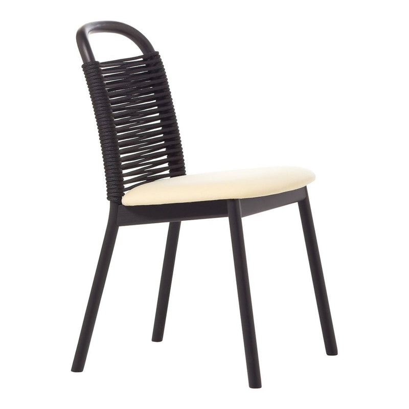 Black woven chair with a cream upholstered seat, featuring a modern design and sleek lines. Ideal for contemporary decor.