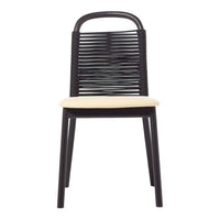 Black woven chair with a cream cushion, showcasing a modern, minimalist design in a sleek color palette.