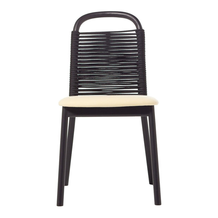 Black woven chair with a cream cushion, showcasing a modern, minimalist design in a sleek color palette.