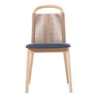 Light wood chair with woven back and soft blue upholstered seat, combining natural textures and cool colors.