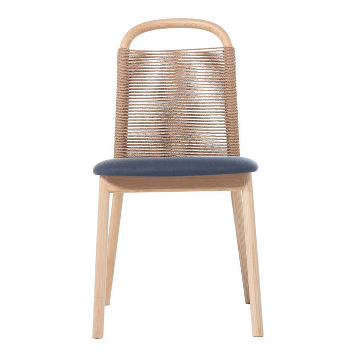 Light wood chair with woven back and soft blue upholstered seat, combining natural textures and cool colors.