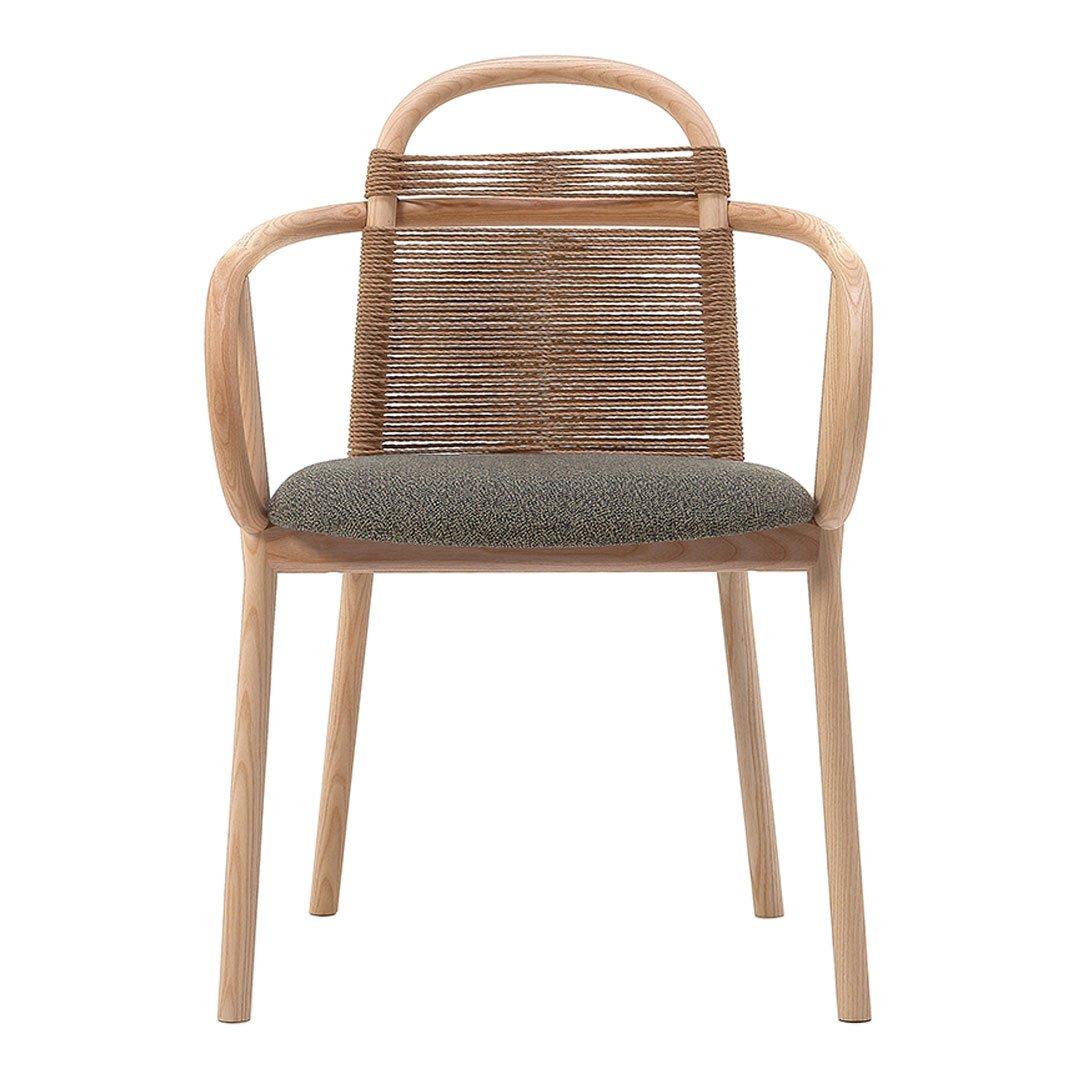 Natural wood chair with a woven back, featuring a grey patterned cushion for a modern, stylish look.