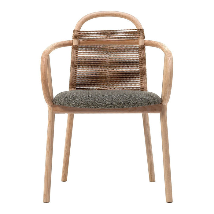 Natural wood chair with a woven back, featuring a grey patterned cushion for a modern, stylish look.