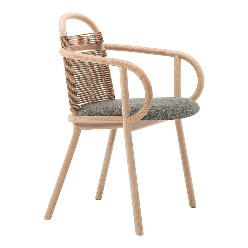Light wood chair with a grey upholstered seat and a woven backrest, featuring a modern, minimalist design.