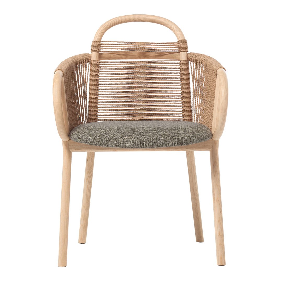 Natural wood chair with a woven backrest and gray fabric cushion, featuring a modern minimalist design.
