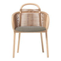 Natural wood chair with a woven backrest and gray fabric cushion, featuring a modern minimalist design.