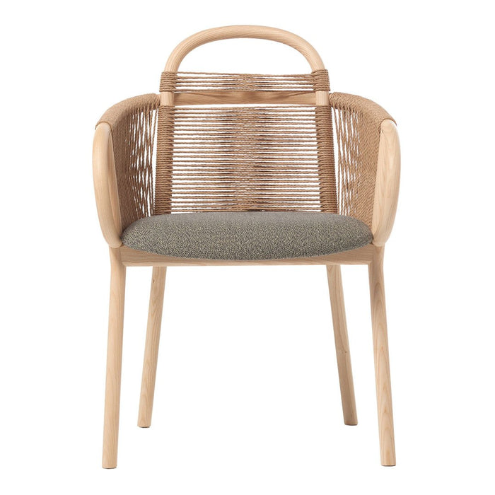 Natural wood chair with a woven backrest and gray fabric cushion, featuring a modern minimalist design.