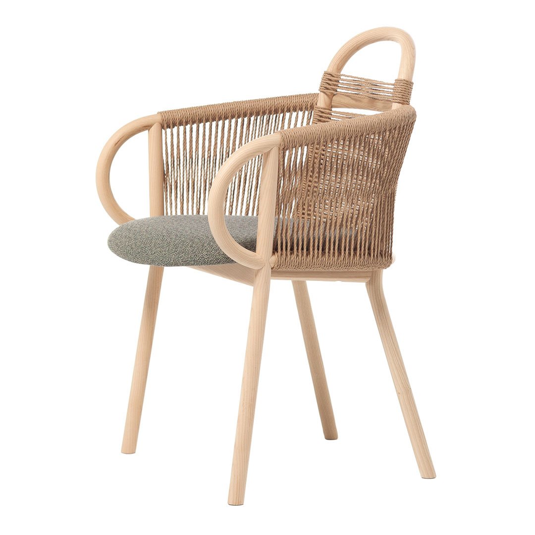 Natural wood-toned chair with a woven design and soft gray upholstery for a modern, stylish look.